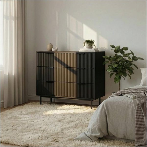 HOME DELUXE Kommode NYLA - 90 x 42 x 80 cm, 3 Schubläden, Schrank mit Lamellenfronten