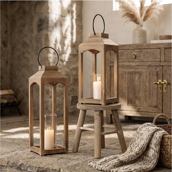 Home-trends24.de Kerzenlaterne Laterne Kerzenhalter Kerzenständer Windlicht Holz Natur Braun 2er Set (2 St)