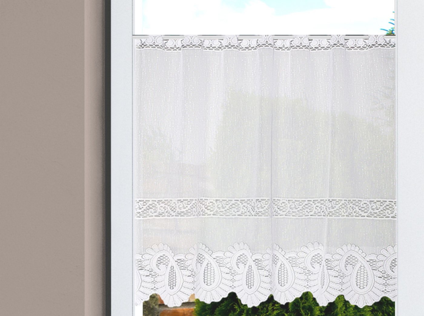 HOME WOHNIDEEN Gardine LEONORA, 1 Stück, Stangendurchzug, halbtransparent (1 St), Stangendurchzug, halbtransparent, Wirkware, Kurzstore Jacquard, Scheibengardin – Bild 3 von 3