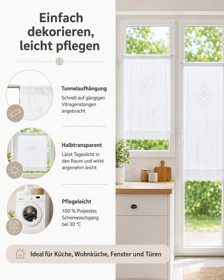 HOME WOHNIDEEN Vorhang Fensterbehang ALEGRA, Leinenstruktur bestickt, halbtransparent, weiß (1 St), halbtransparent, 100% Polyester – Bild 3 von 5