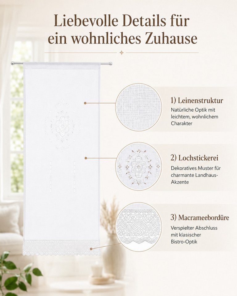 HOME WOHNIDEEN Vorhang Fensterbehang ALEGRA, Leinenstruktur bestickt, halbtransparent, weiß (1 St), halbtransparent, 100% Polyester – Bild 4 von 5