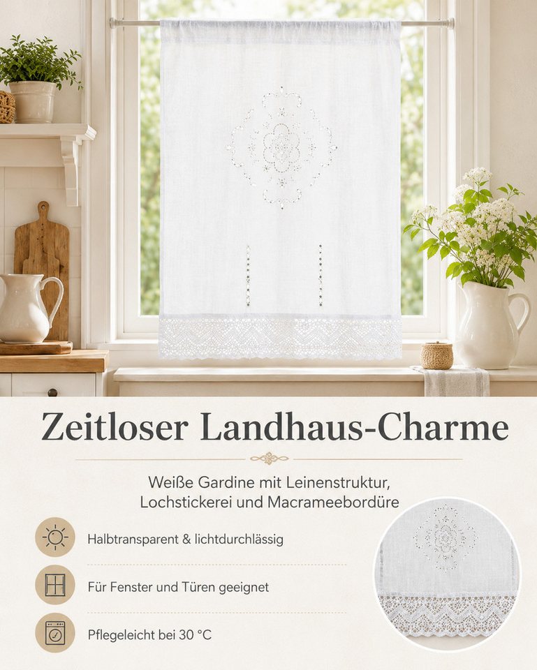 HOME WOHNIDEEN Vorhang Fensterbehang ALEGRA, Leinenstruktur bestickt, halbtransparent, weiß (1 St), halbtransparent, 100% Polyester – Bild 5 von 5