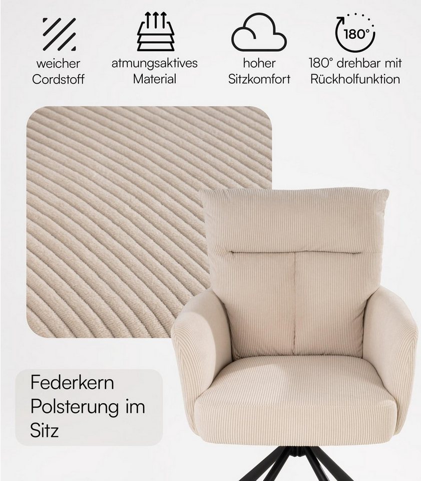Home4You Polsterstuhl, Beige, Cordbezug, Metallgestell, (1 St), 180 Grad drehbar mit Rückholfunktion – Bild 5 von 5