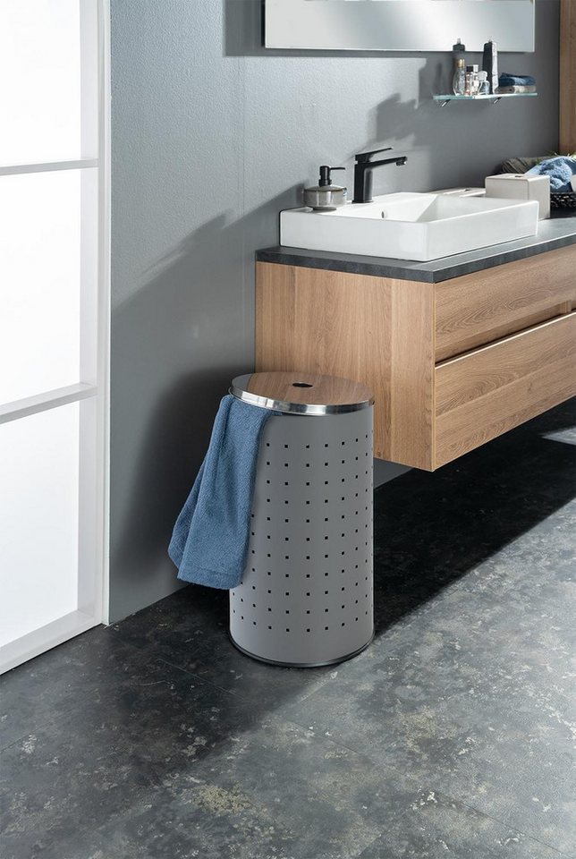 Home4You Wäschetonne Grau, 37 Liter Fassungsvermögen, H 54 cm, mit Deckel und Belüftungslöchern, 29 cm Durchmesser – Bild 2 von 4