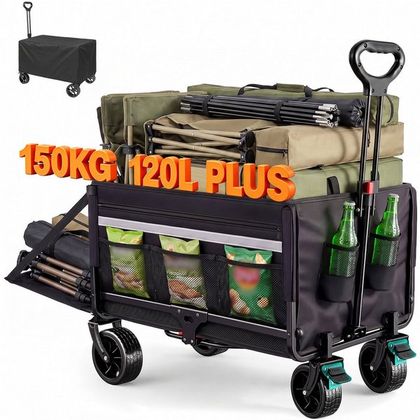 HOMECALL Bollerwagen Gartenwagen mit Heckklappe,Regenschutz, Bremsen Handwagen (Kapazität erweiterbar durch 2 Aufbewahrungstaschen, 120L+ , Campingwagen mit Ref