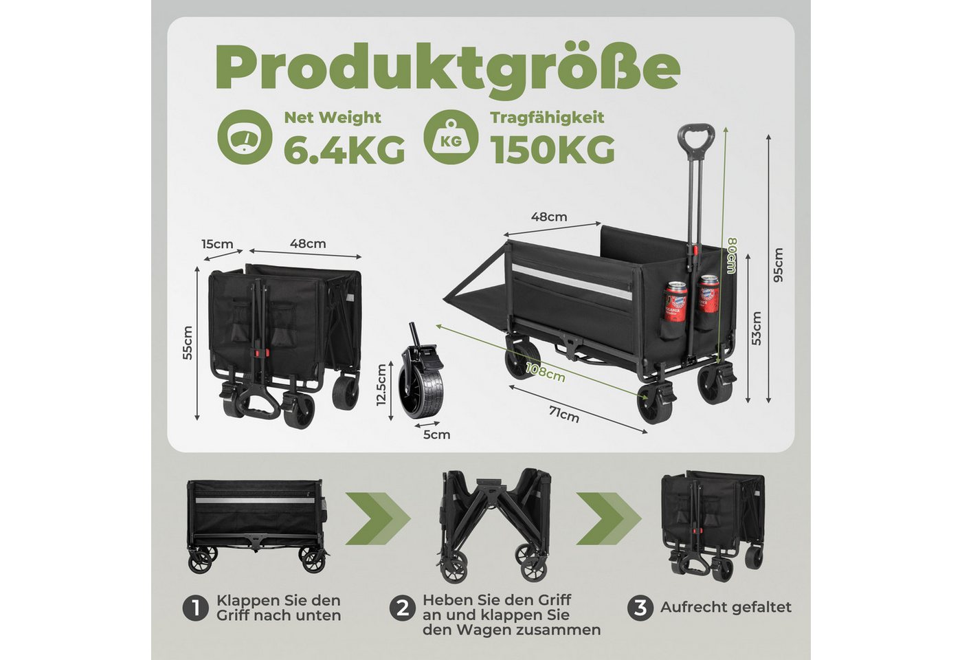 HOMECALL Bollerwagen Gartenwagen mit Heckklappe,Regenschutz, Bremsen Handwagen (Kapazität erweiterbar durch 2 Aufbewahrungstaschen, 120L+ , Campingwagen mit Ref – Bild 2 von 5