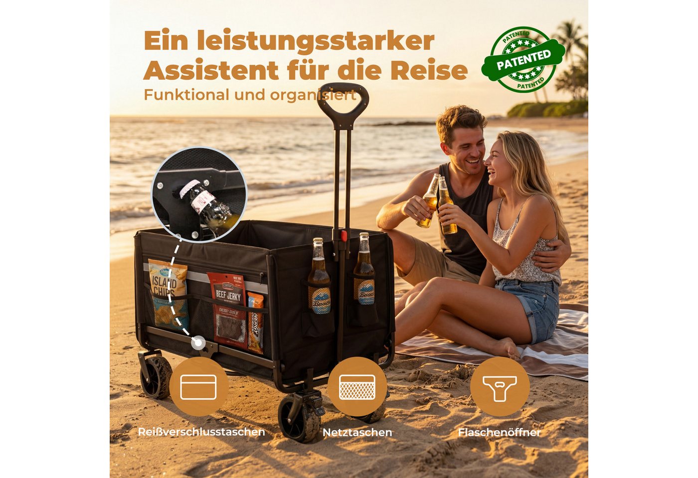 HOMECALL Bollerwagen Gartenwagen mit Heckklappe,Regenschutz, Bremsen Handwagen (Kapazität erweiterbar durch 2 Aufbewahrungstaschen, 120L+ , Campingwagen mit Ref – Bild 3 von 5