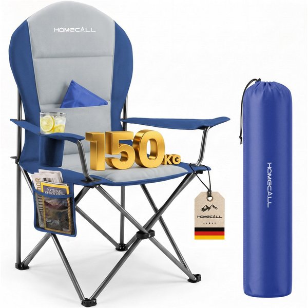 HOMECALL Campingstuhl Hochlehner 110cm mit Lendenwirbelstütze Klappstuhl Angelstuhl Faltbar (Bis 150kg, gepolstert, faltbar, stabil, 1 St), für Camp Garten Balk