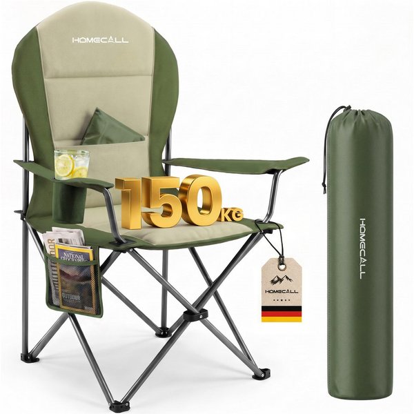 HOMECALL Campingstuhl Hochlehner 110cm mit Lendenwirbelstütze Klappstuhl Angelstuhl Faltbar (Bis 150kg, gepolstert, faltbar, stabil, 1 St), für Camp Garten Balk