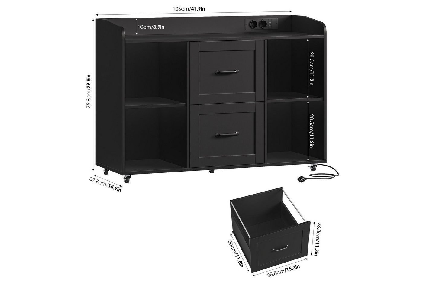 HOMECHO Aktenschrank Rollcontainer mit Steckdosen, Schubladenschrank mit Rollen – Bild 2 von 5
