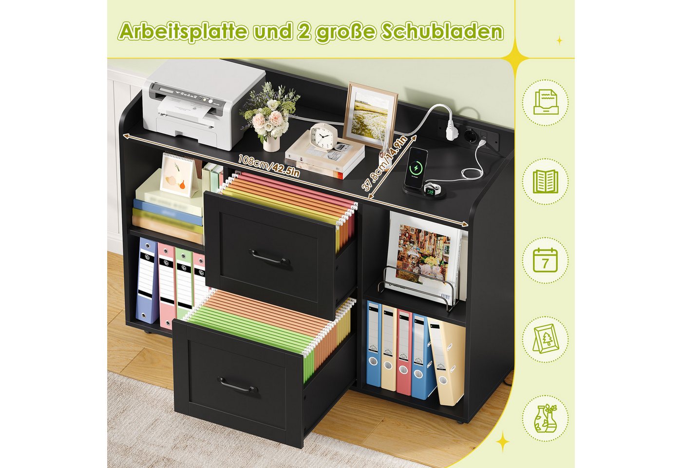 HOMECHO Aktenschrank Rollcontainer mit Steckdosen, Schubladenschrank mit Rollen – Bild 3 von 5