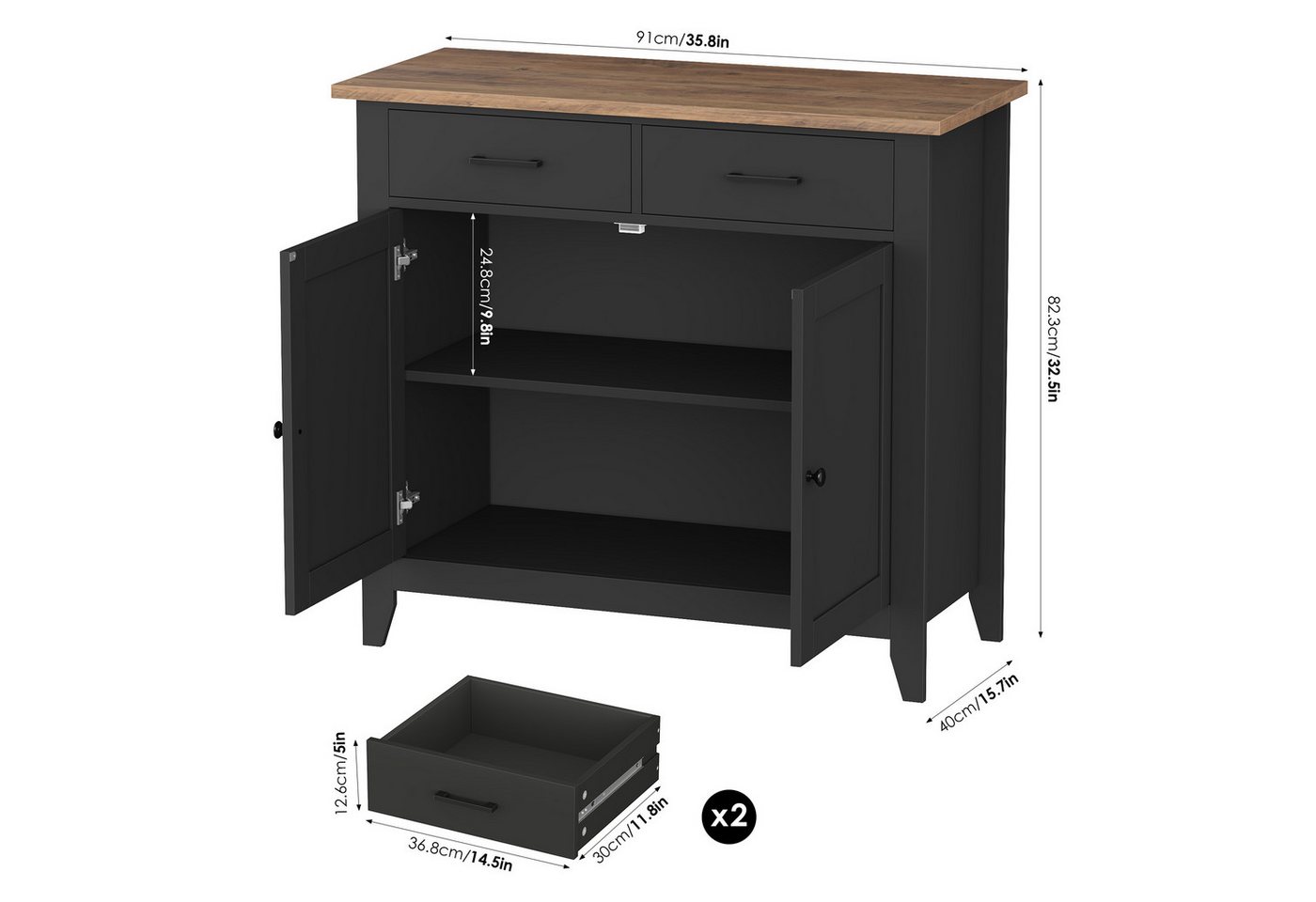 HOMECHO Buffet Sideboard Weiß Küchenschrank mit 2 Schubladen 2 Türen – Bild 2 von 5