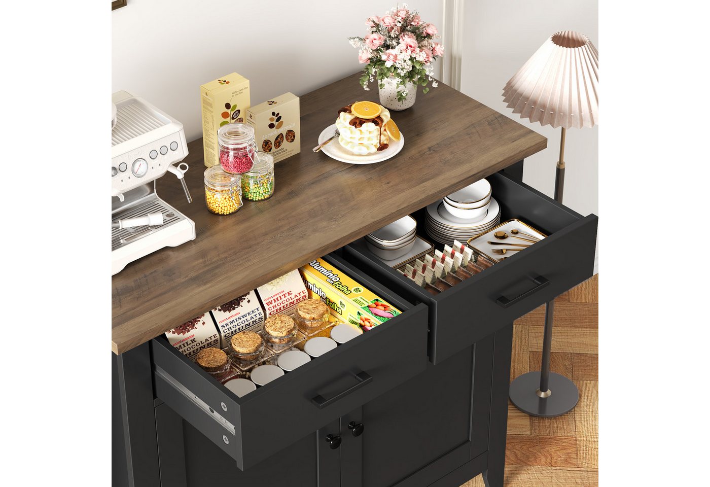 HOMECHO Buffet Sideboard Weiß Küchenschrank mit 2 Schubladen 2 Türen – Bild 3 von 5