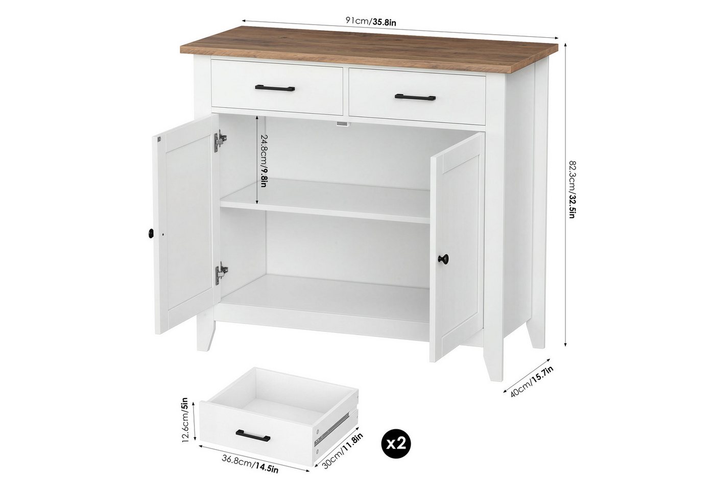 HOMECHO Buffet Sideboard Weiß Küchenschrank mit 2 Schubladen 2 Türen – Bild 2 von 5