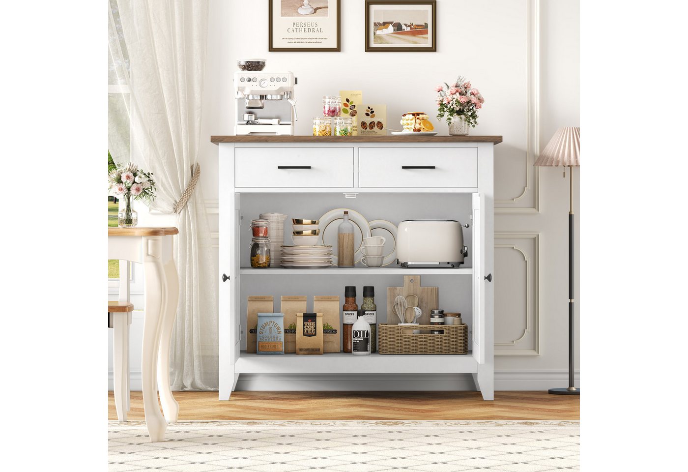 HOMECHO Buffet Sideboard Weiß Küchenschrank mit 2 Schubladen 2 Türen – Bild 4 von 5