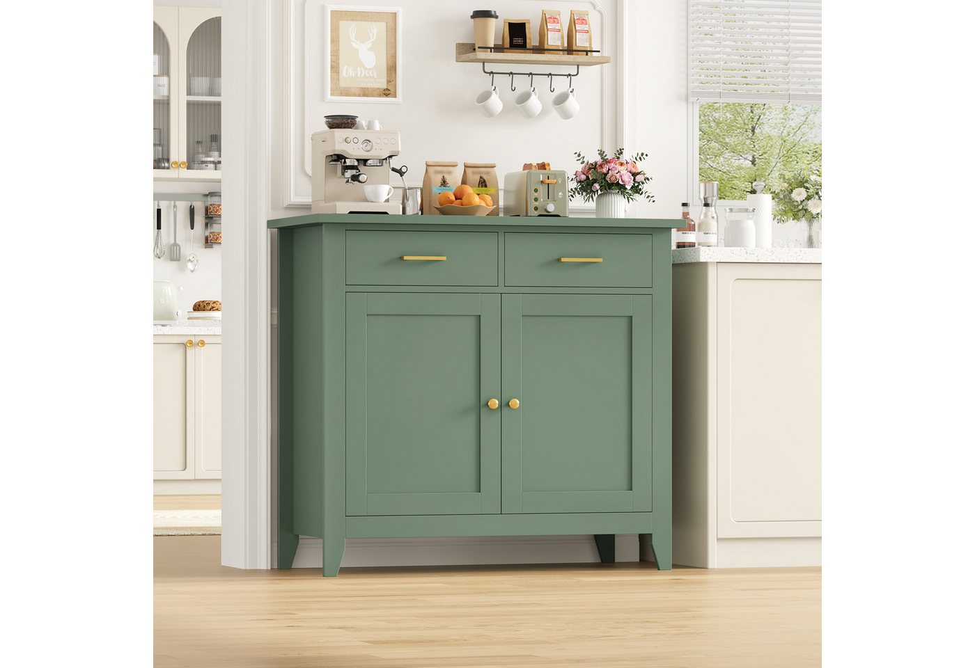 HOMECHO Buffet Sideboard Weiß Küchenschrank mit 2 Schubladen 2 Türen – Bild 2 von 5