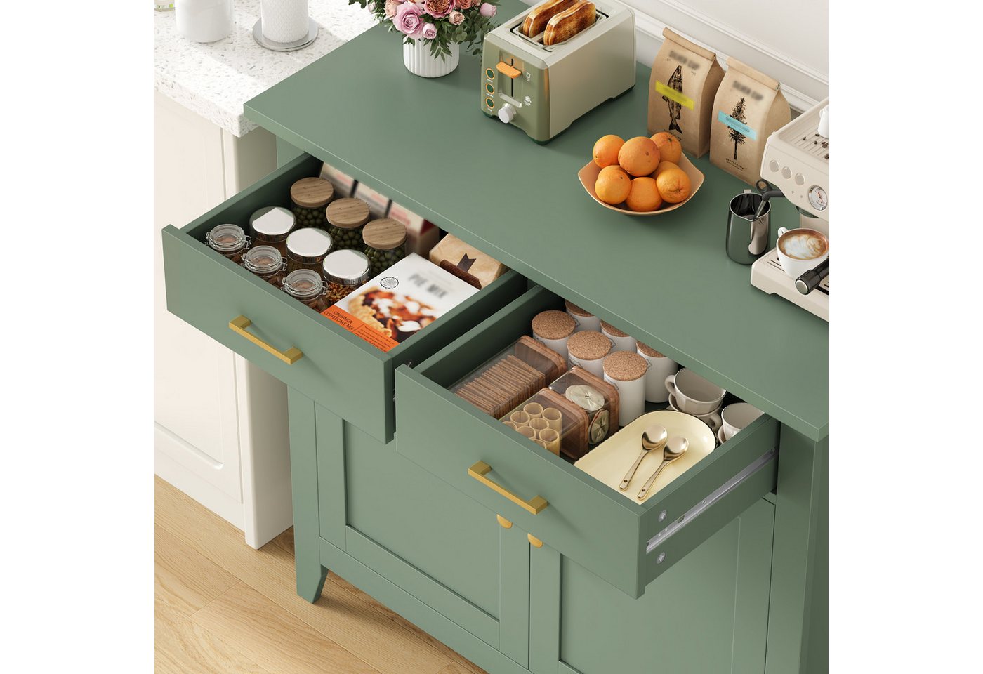 HOMECHO Buffet Sideboard Weiß Küchenschrank mit 2 Schubladen 2 Türen – Bild 3 von 5