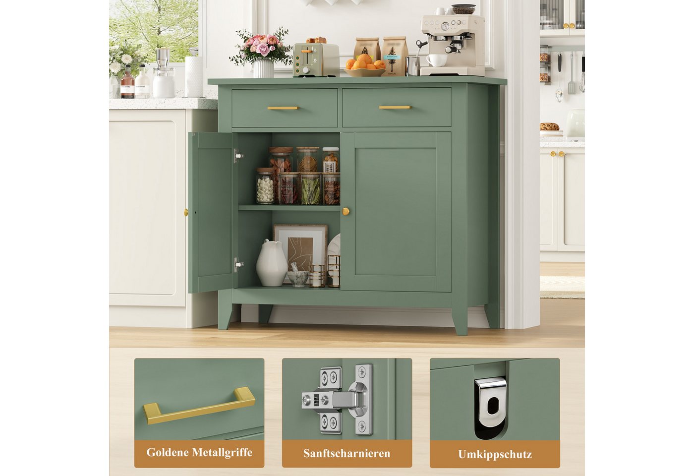 HOMECHO Buffet Sideboard Weiß Küchenschrank mit 2 Schubladen 2 Türen – Bild 5 von 5