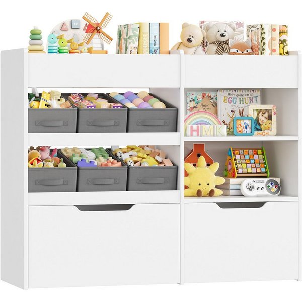 HOMECHO Kinderregal, mit 6 Boxen auf Rollen, Regal Kinderzimmer, Weiß, 108.6x88.5x30cm