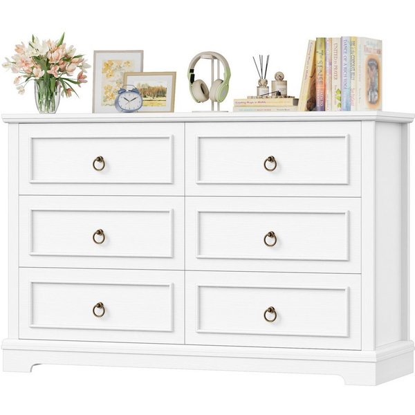 HOMECHO Kommode, Weiß mit 6 Schubladen, 120cm Breit Komodenschrank Sideboard
