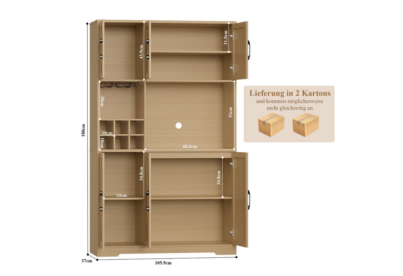 HOMECHO Küchenbuffet Küchenschrank mit Arbeitsplatte Buffetschrank mit 6 Türen Flaschenhalter und Glashalter 180x106x37cm – Bild 2 von 5