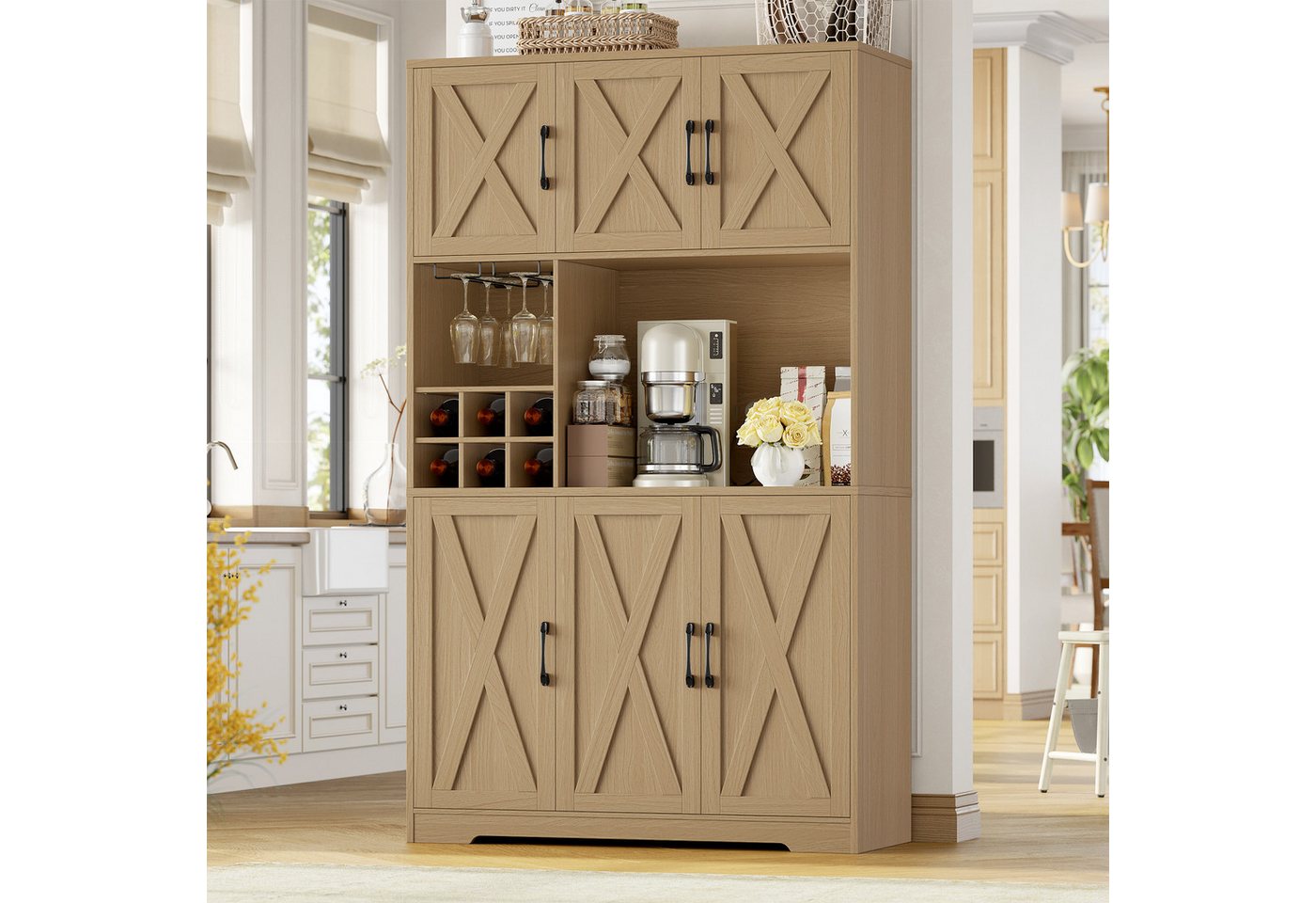HOMECHO Küchenbuffet Küchenschrank mit Arbeitsplatte Buffetschrank mit 6 Türen Flaschenhalter und Glashalter 180x106x37cm – Bild 3 von 5