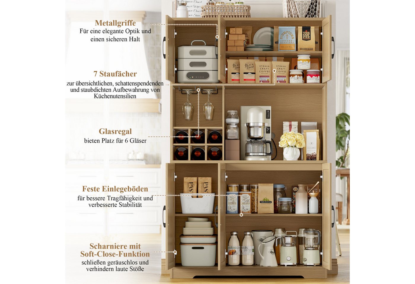 HOMECHO Küchenbuffet Küchenschrank mit Arbeitsplatte Buffetschrank mit 6 Türen Flaschenhalter und Glashalter 180x106x37cm – Bild 4 von 5