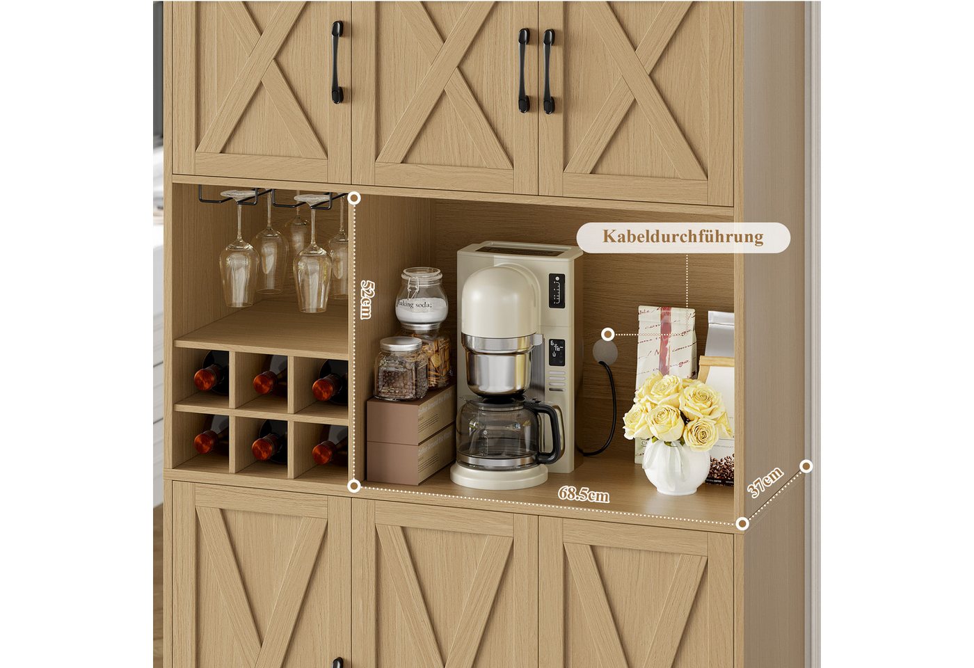 HOMECHO Küchenbuffet Küchenschrank mit Arbeitsplatte Buffetschrank mit 6 Türen Flaschenhalter und Glashalter 180x106x37cm – Bild 5 von 5