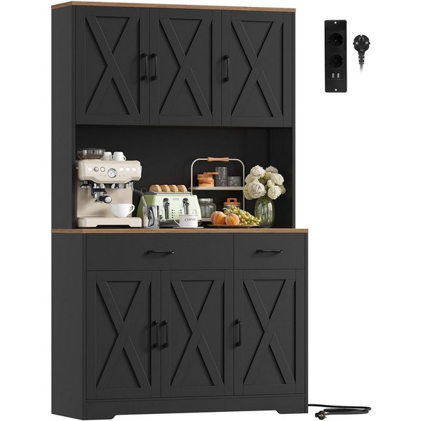 HOMECHO Küchenbuffet Weiß Küchenschrank mit Steckdosen, 6 Türen, 2 Schubladen, 180x105x38cm
