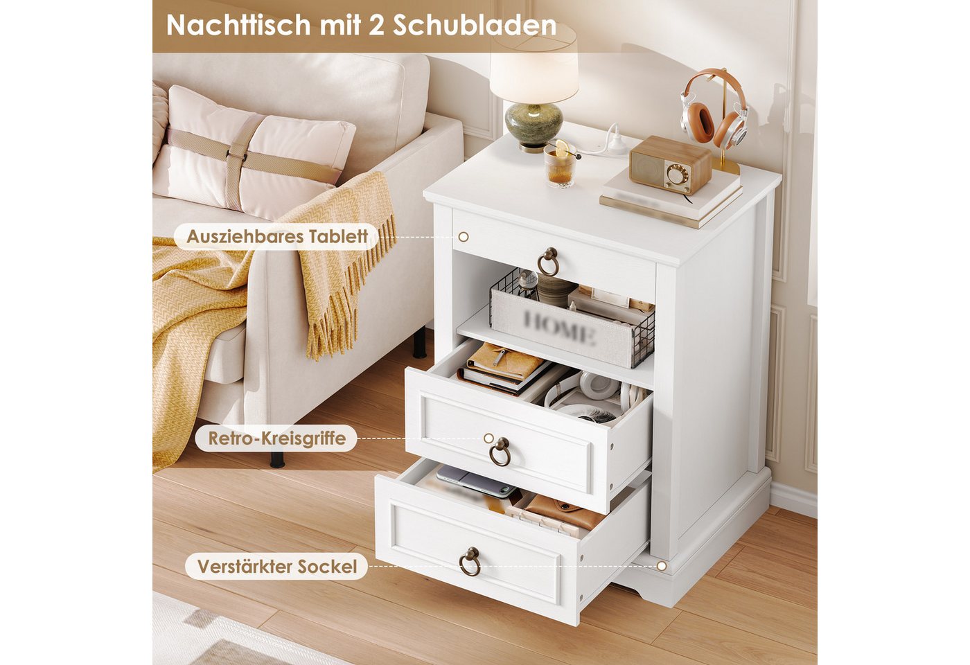 HOMECHO Nachttisch, mit LED, Steckdose & 3 Schubladen 1 Piece or 2 set, Weiß/Schwarz – Bild 2 von 5