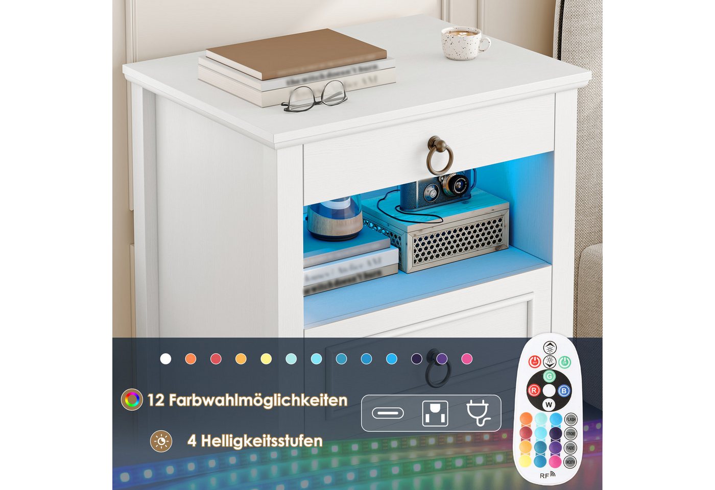 HOMECHO Nachttisch, mit LED, Steckdose & 3 Schubladen 1 Piece or 2 set, Weiß/Schwarz – Bild 3 von 5