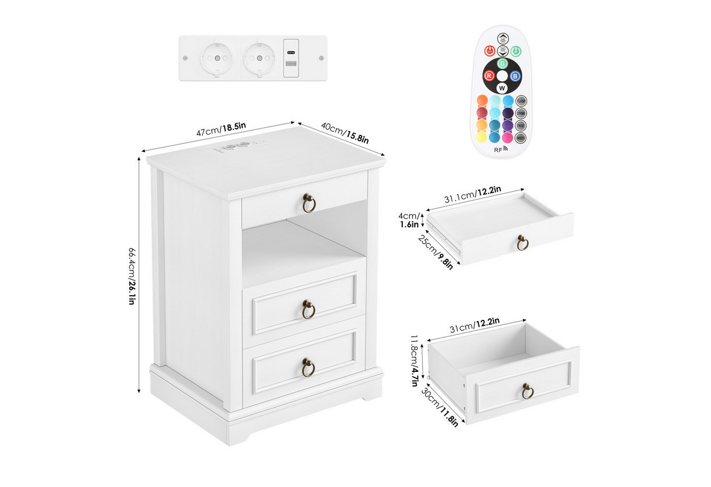 HOMECHO Nachttisch, mit LED, Steckdose & 3 Schubladen 1 Piece or 2 set, Weiß/Schwarz – Bild 4 von 5