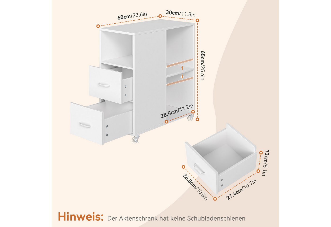 HOMECHO Rollwagen Rollcontainer mit Schubladen auf Rollen, 60x30x65 cm, Rollcontainer mit Schubladen auf Rollen – Bild 2 von 5