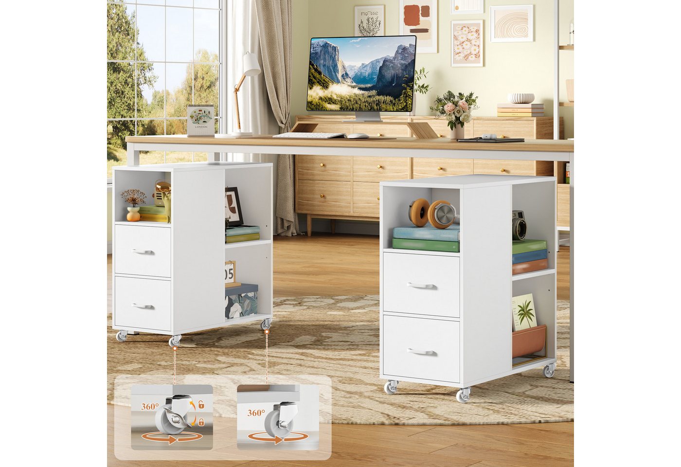HOMECHO Rollwagen Rollcontainer mit Schubladen auf Rollen, 60x30x65 cm, Rollcontainer mit Schubladen auf Rollen – Bild 4 von 5
