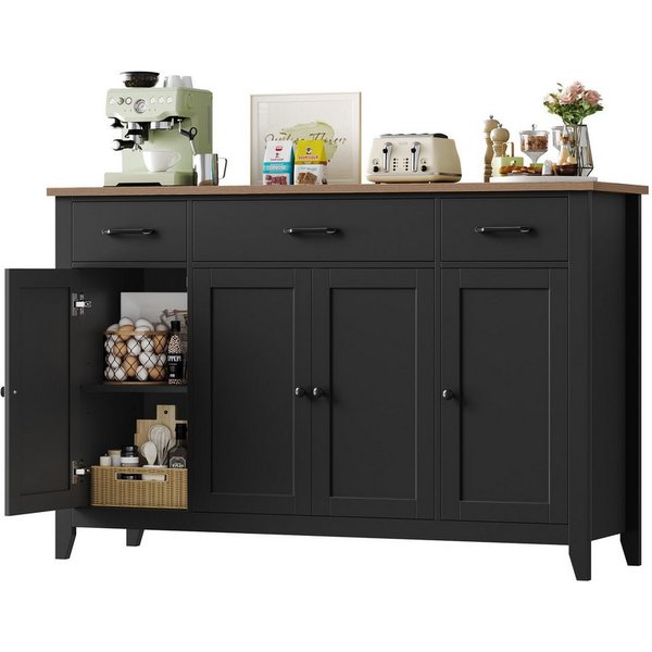 HOMECHO Sideboard 140 cm, Küchenschrank mit 3 Schubladen & 4 Türen, Höhenverstellbare