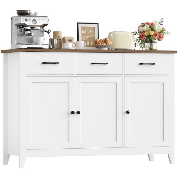 HOMECHO Sideboard, 120 cm Küchenschrank mit verstellbarem Regal, 3 Schubladen