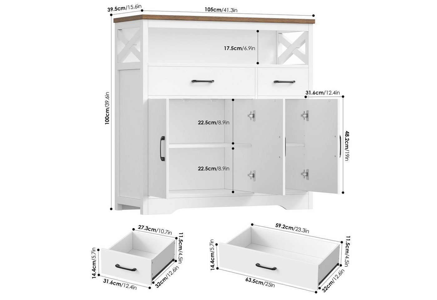 HOMECHO Sideboard, Küchenschrank mit Arbeitsplatte, 2 Schubladen und 3 Türen – Bild 2 von 5