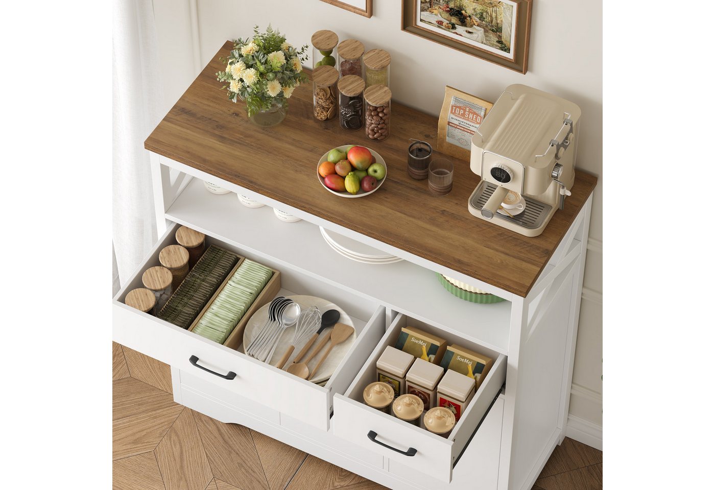 HOMECHO Sideboard, Küchenschrank mit Arbeitsplatte, 2 Schubladen und 3 Türen – Bild 3 von 5
