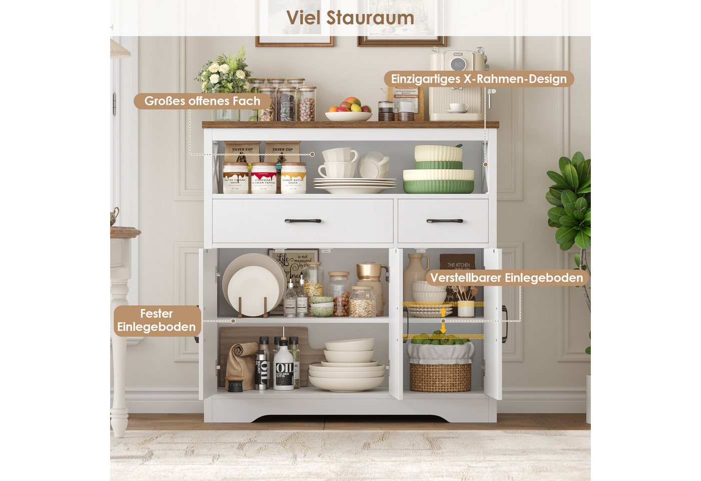 HOMECHO Sideboard, Küchenschrank mit Arbeitsplatte, 2 Schubladen und 3 Türen – Bild 4 von 5