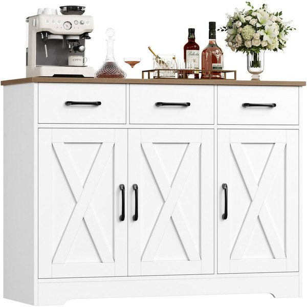 HOMECHO Sideboard, Küchenschrank mit 3 Schubladen und 3 Türen für Küche, Weiß