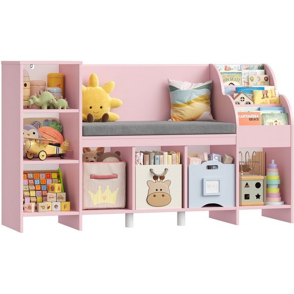 HOMECHO Spielzeugtruhe, Bücherregal Kinder mit Kissen und 7 Ablagefächern Weiß