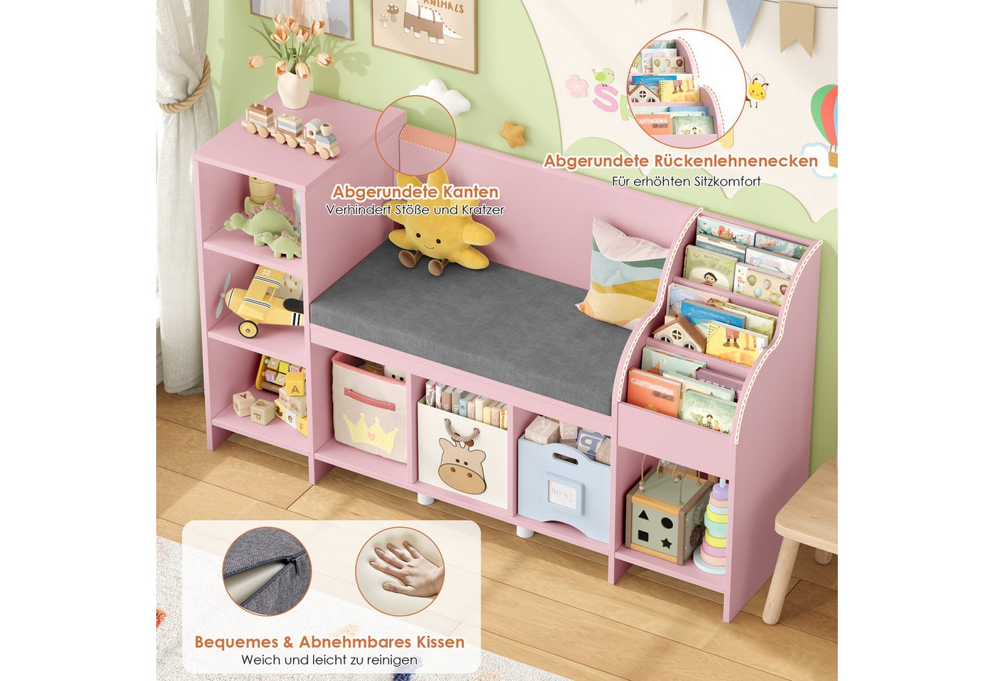HOMECHO Spielzeugtruhe, Bücherregal Kinder mit Kissen und 7 Ablagefächern Weiß – Bild 2 von 5
