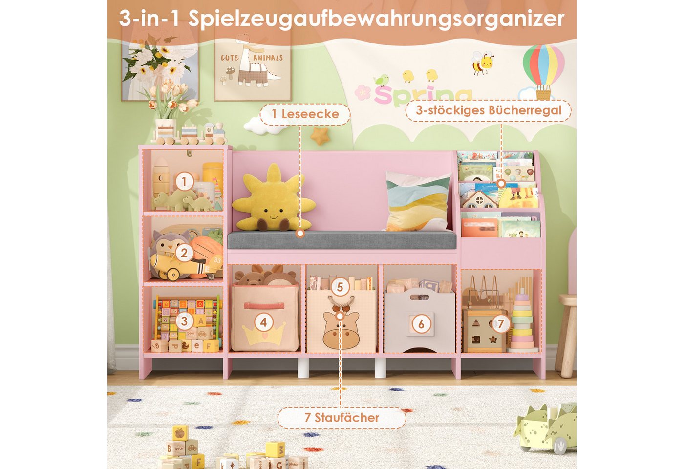 HOMECHO Spielzeugtruhe, Bücherregal Kinder mit Kissen und 7 Ablagefächern Weiß – Bild 4 von 5
