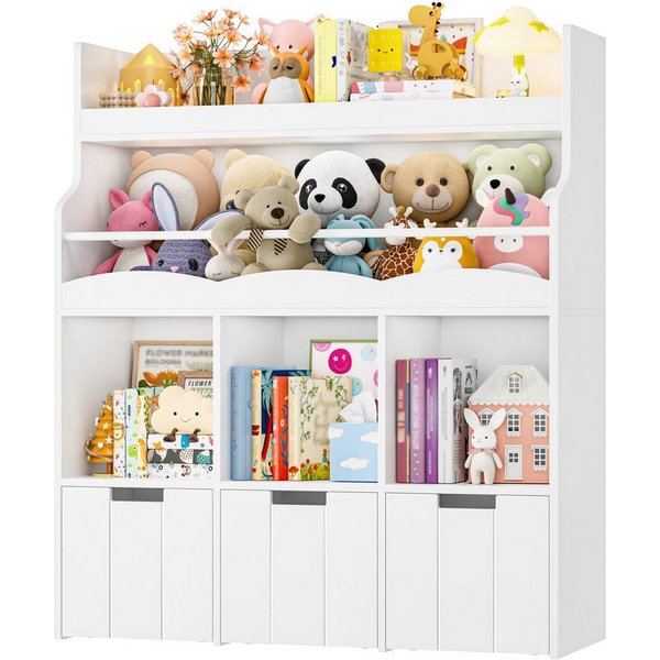 HOMECHO Spielzeugtruhe Kinderregal mit 5 Fächern und Rollschubladen, Weiß Kinderbücherregal für Schlafzimmer Kinderzimmer 110x100x30cm
