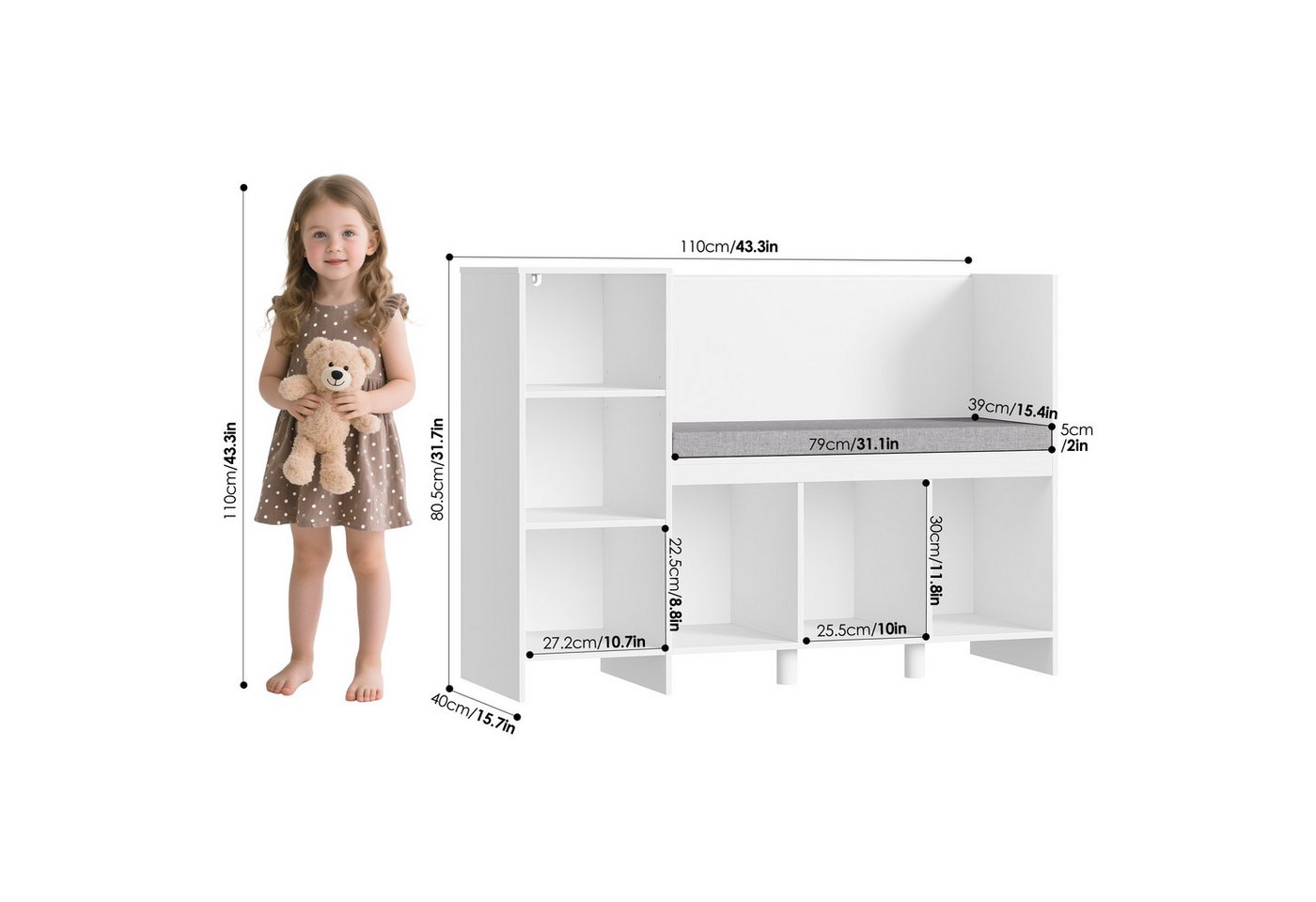 HOMECHO Spielzeugtruhe, Bücherregal Kinder mit Kissen und 6 Ablagefächern Weiß – Bild 2 von 5
