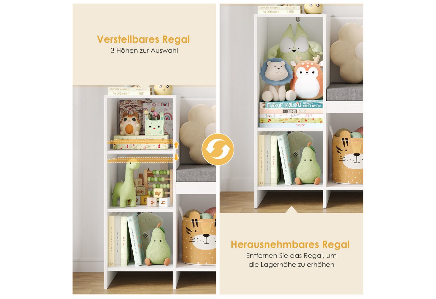 HOMECHO Spielzeugtruhe, Bücherregal Kinder mit Kissen und 6 Ablagefächern Weiß – Bild 4 von 5