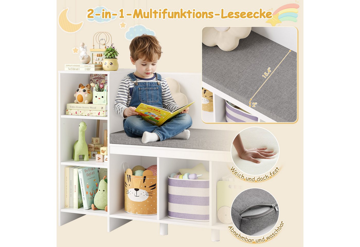 HOMECHO Spielzeugtruhe, Bücherregal Kinder mit Kissen und 6 Ablagefächern Weiß – Bild 5 von 5