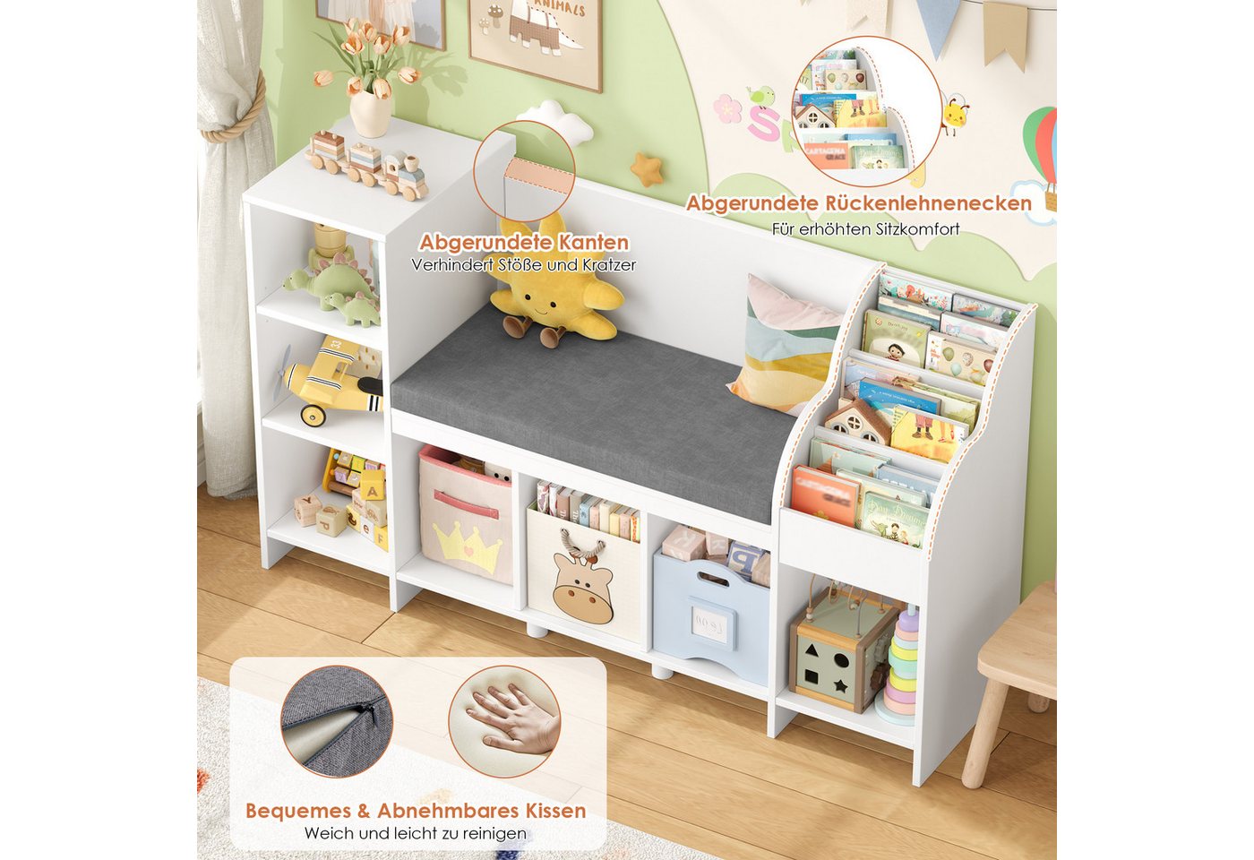 HOMECHO Spielzeugtruhe, Bücherregal Kinder mit Kissen und 7 Ablagefächern Weiß – Bild 2 von 5