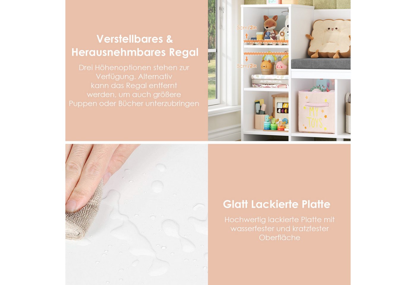 HOMECHO Spielzeugtruhe, Bücherregal Kinder mit Kissen und 7 Ablagefächern Weiß – Bild 5 von 5