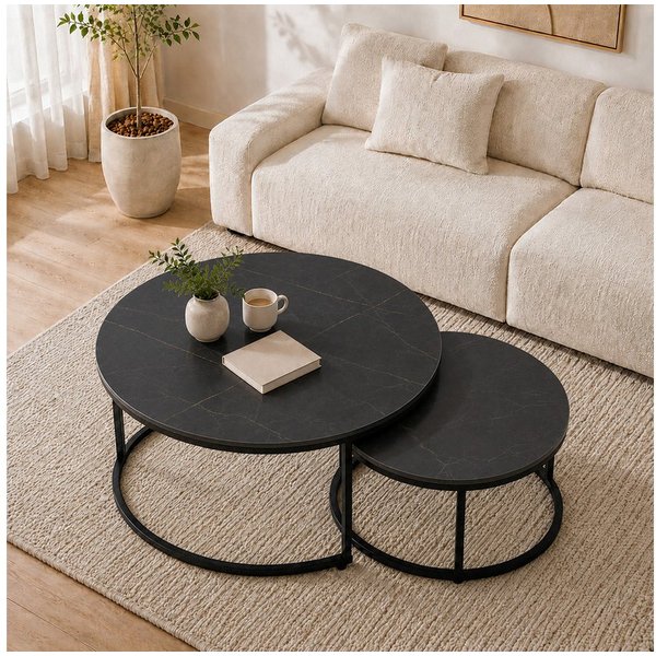 HomeGuru Couchtisch rund, Satztische 2 St., Marmormuster, Sintergestein, modernes Design (2-St., Set)